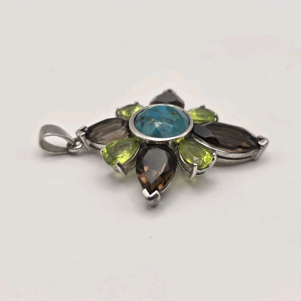ATI Thailand Sterling Silver Turquoise Peridot Quartz Flower Pendant - Picture 4 of 11